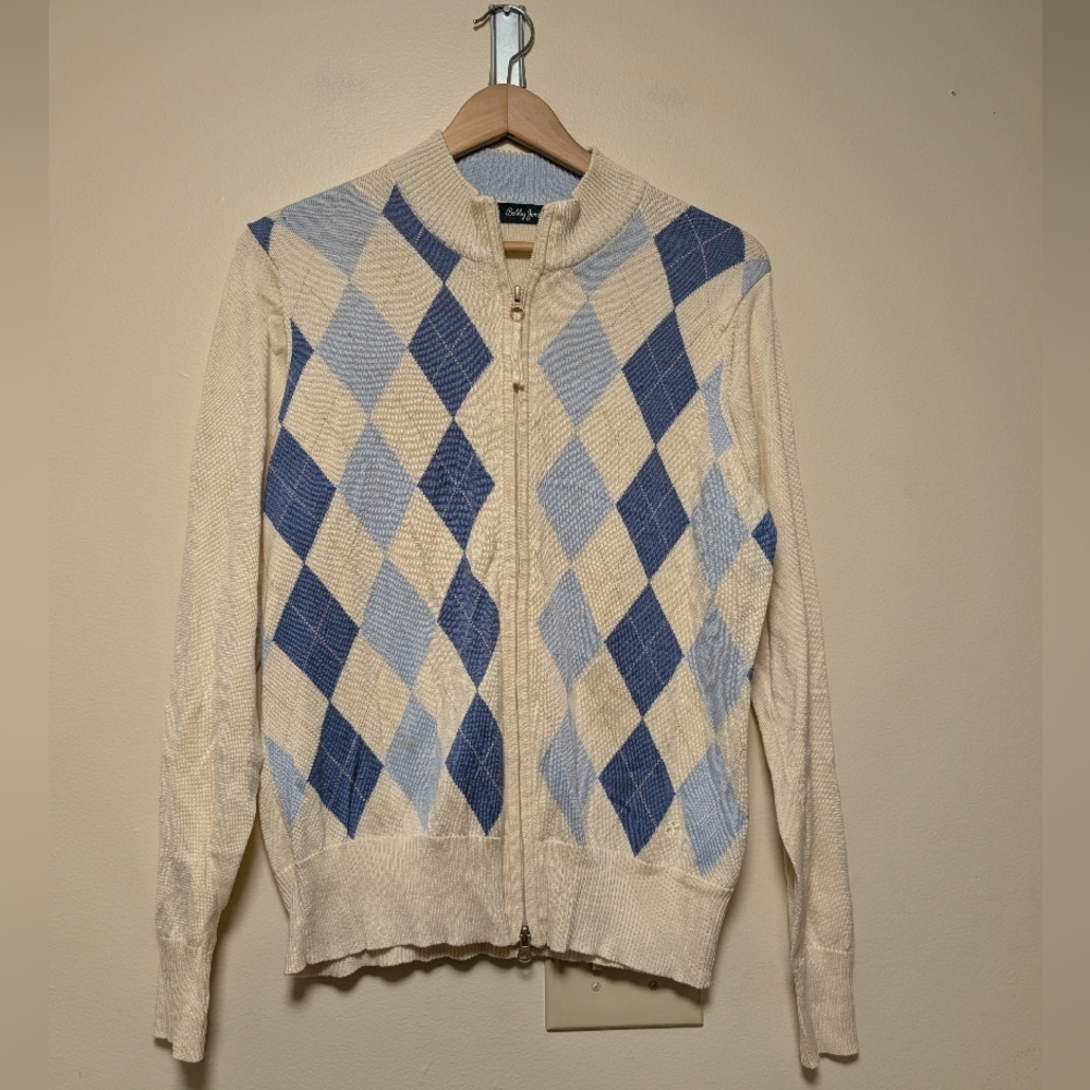 Bobby Jones Argyle Full Zip Sweater Men’s XL Blue Cream 100% Cotton